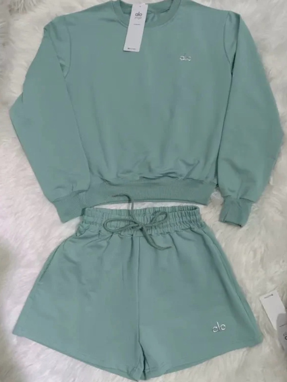 Alo Cropped Crewneck Sweatshirt & Shorts Set - Mint Green
